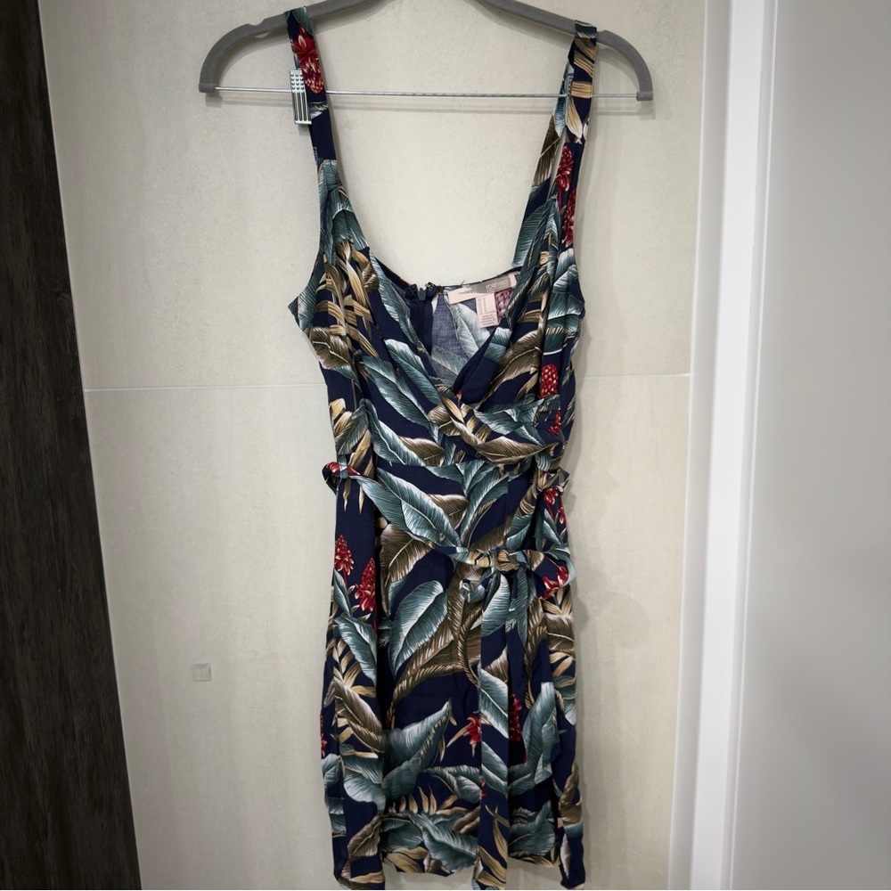 Forever 21 Navy Floral Tropical Dress with Green Leaves and Pink Blooms